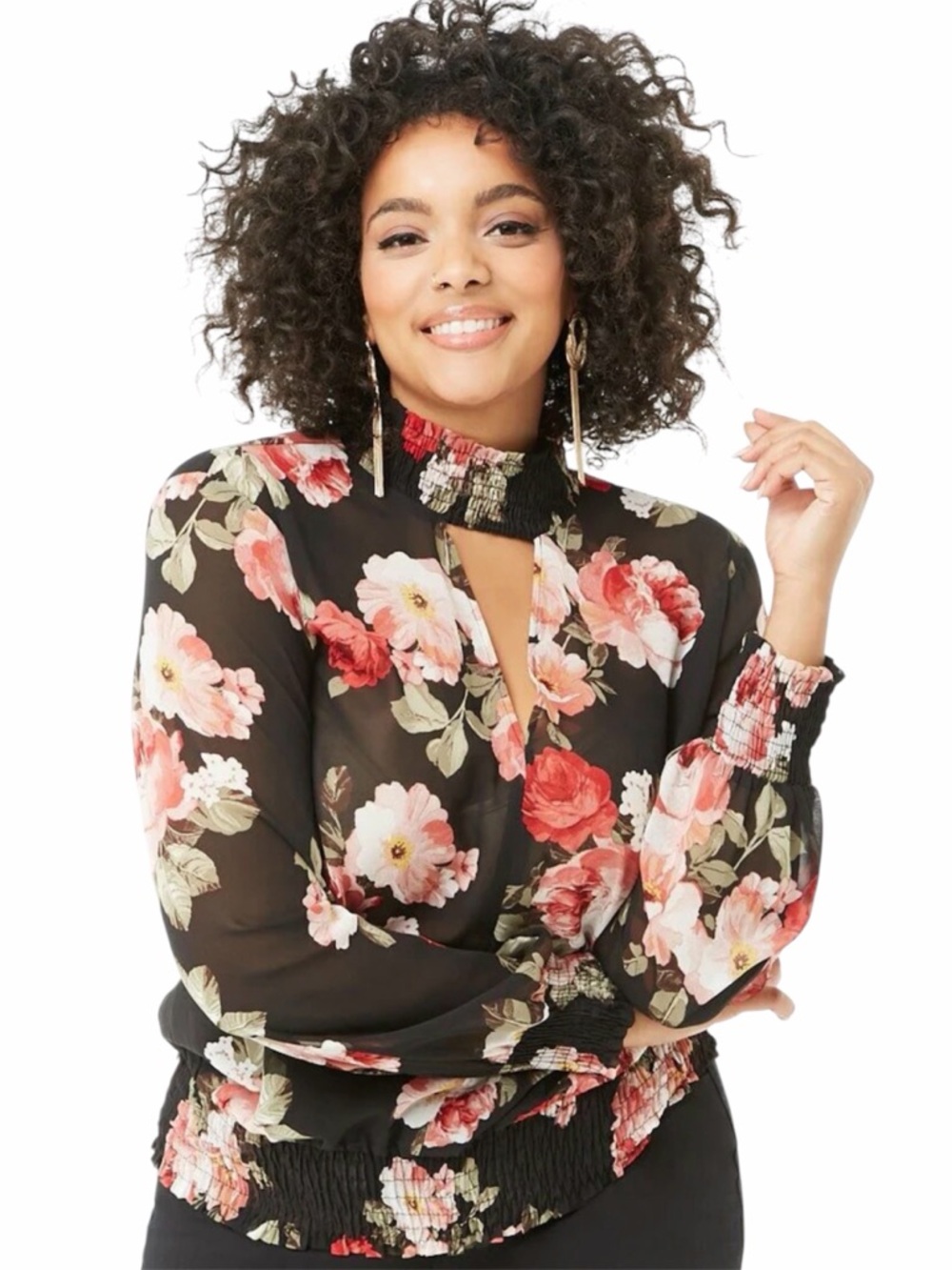 Forever 21 Floral Sheer Chiffon Blouse 2XL Long Sleeve Keyhole Floral Romantic